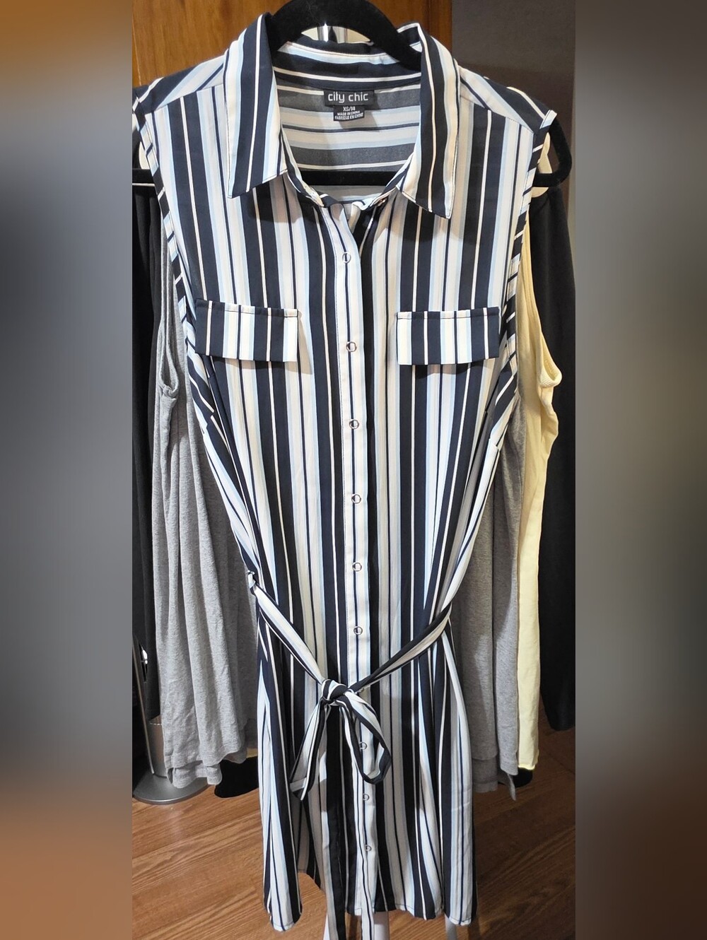 Navy & White Striped Sleeveless Shirt Dress